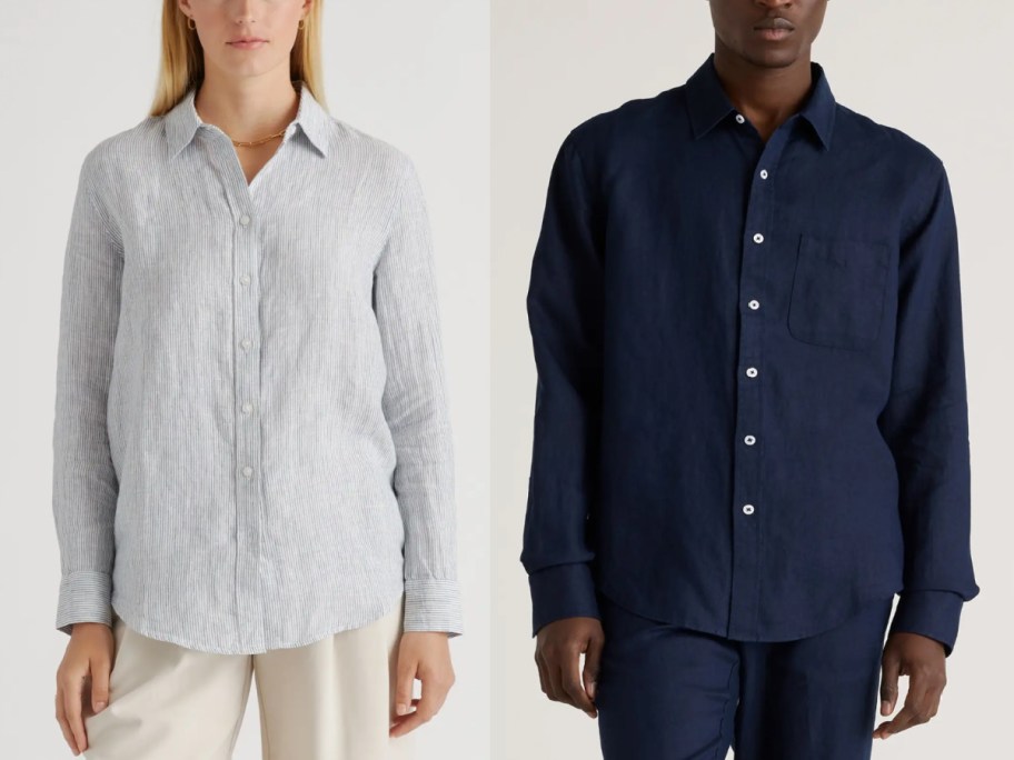 woman and man in linen long sleeve button downs