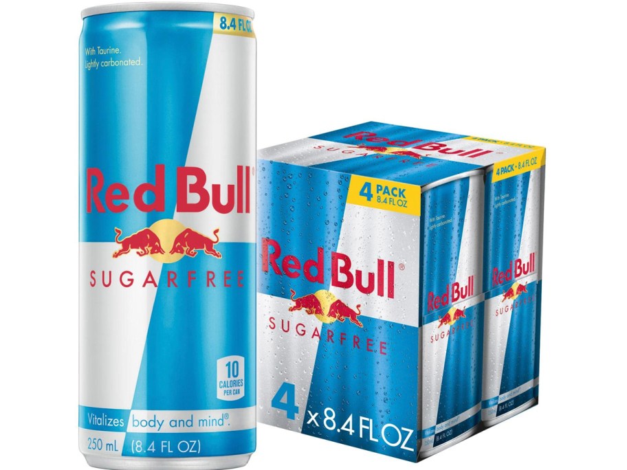 red bull sugar free energy drink can with box behind it