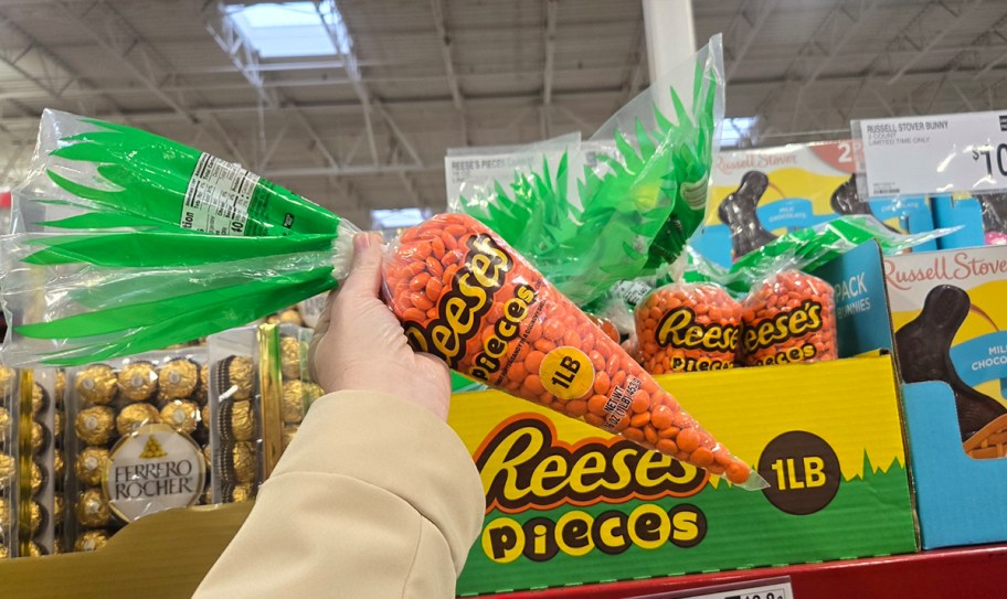 hand holding carrot reeses pieces