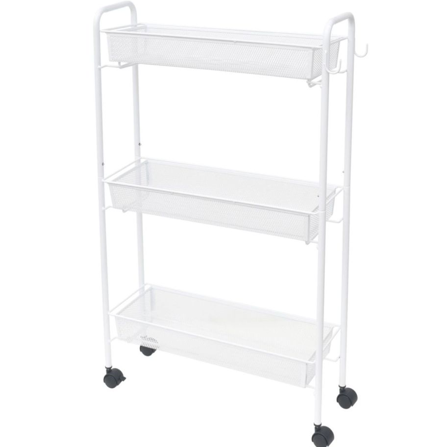 a white rolling bathroom organizer cart on a white background