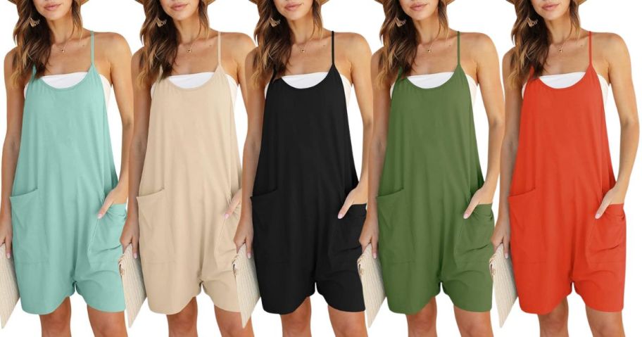 DEEP SELF Womens Summer Rompers Casual Loose Spaghetti Straps V Neck Sleeveless Shorts Jumpsuit with Pockets stock images