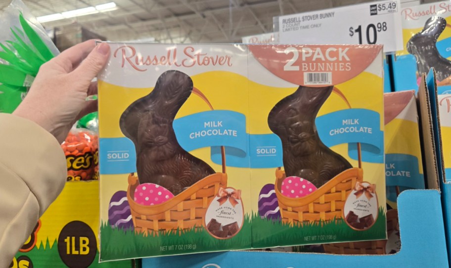 hand holding russel stovers chocolate bunnies
