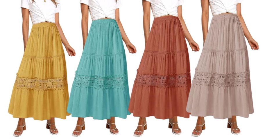 MEROKEETY Women's Boho Elastic High Waist Pleated A-line Ruffle Lace Trim Tiered Midi Maxi Skirt with Pockets stock images