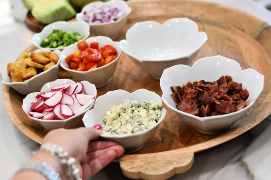 small lotus bowls with wedge salad toppings
