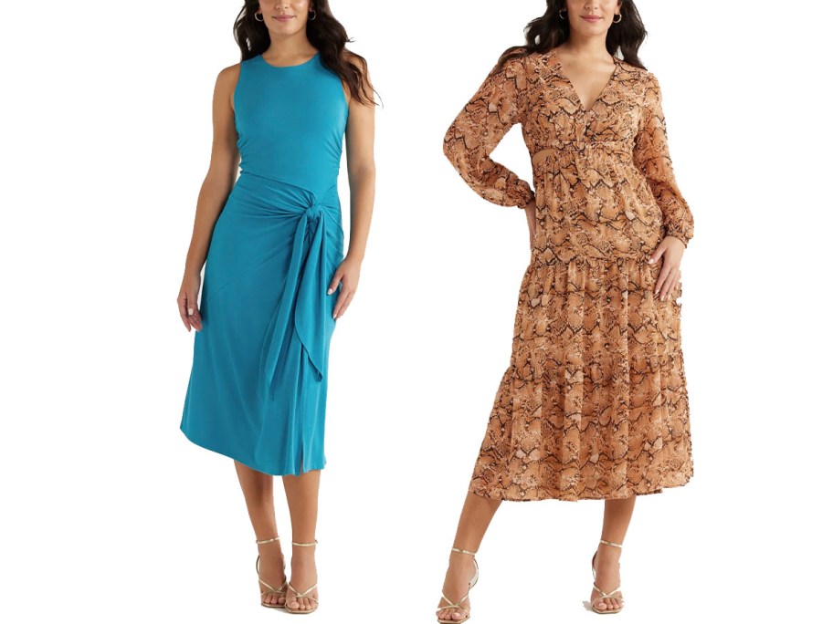 two women wearing teal and tan dresses