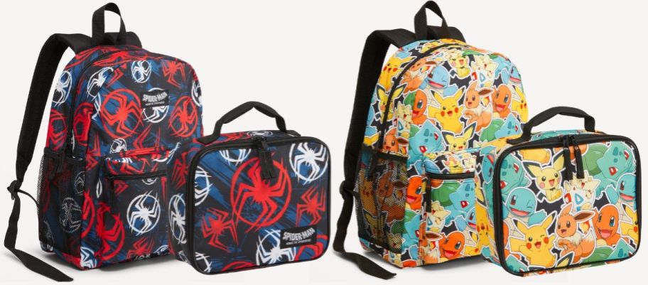 2 canvas lunch bags shown with 2 canvas backpacks all featuring licensed character motifs