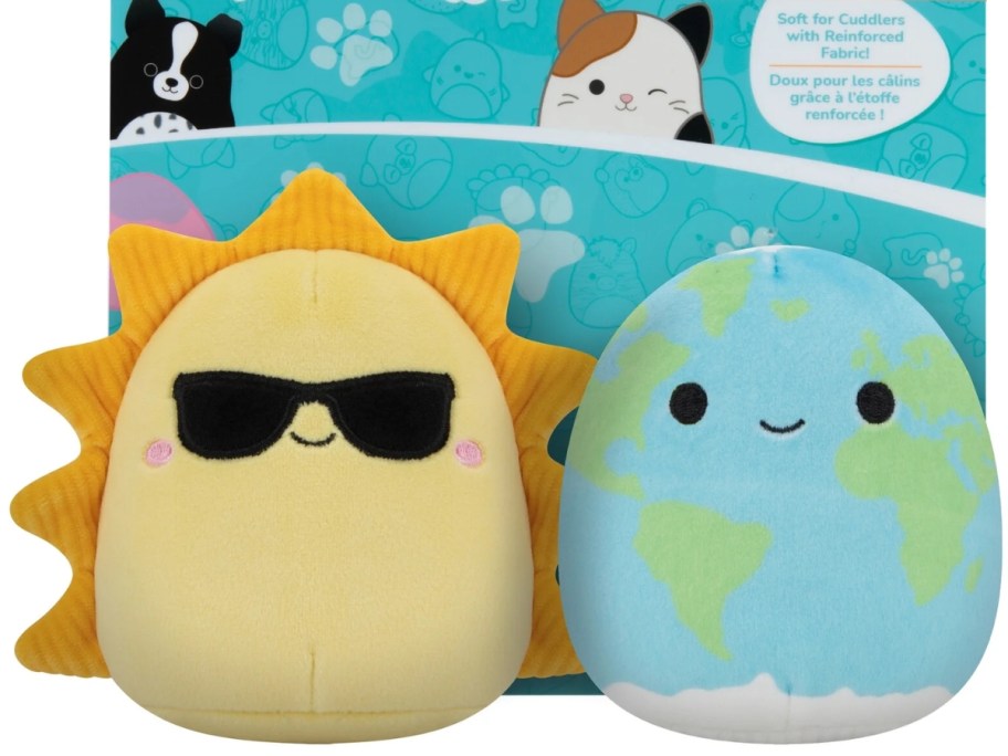2 Squishmallow dog toys - sun shaped and world shaped