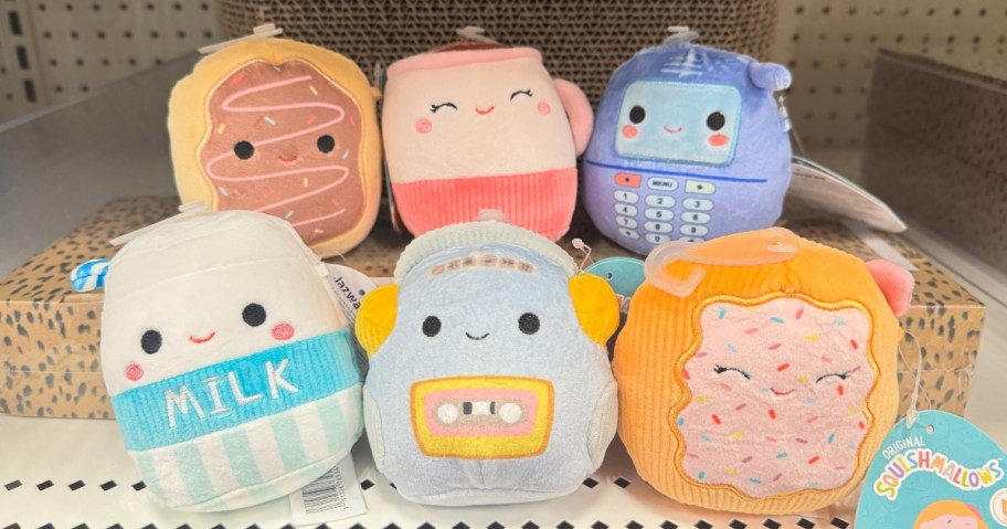 different Squishmallows pet toys on a shelf