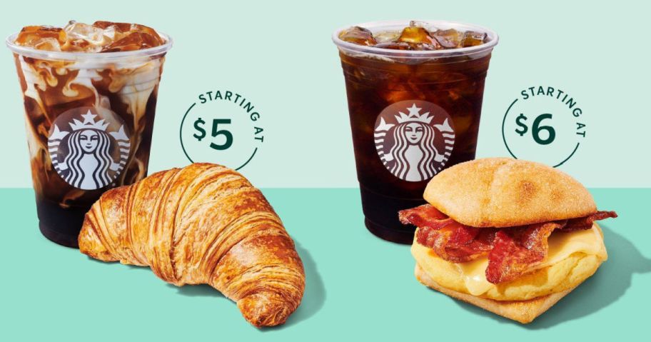 croissant, breakfast sandwich, and 2 iced coffee drinks from Starbucks