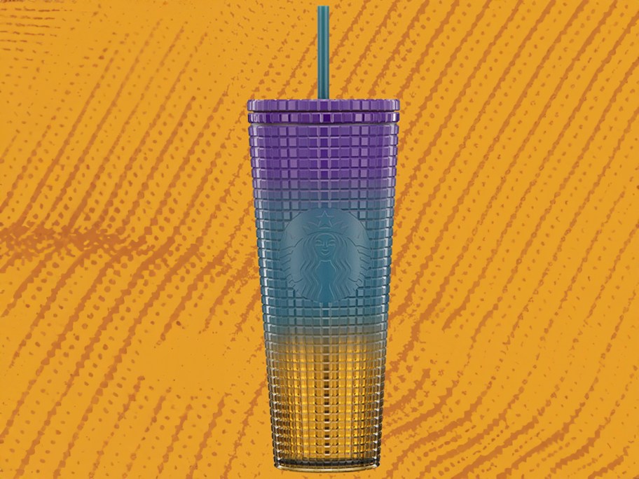 purple, blue and yellow starbucks tumbler