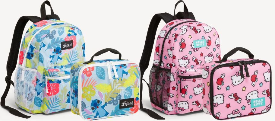 2 canvas lunch bags shown with 2 canvas backpacks all featuring licensed character motifs