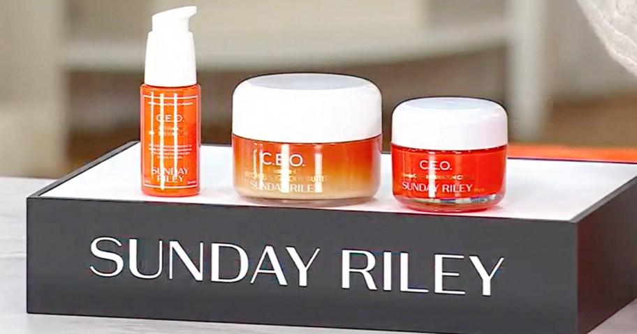 three sunday riley vitamin c products on display 