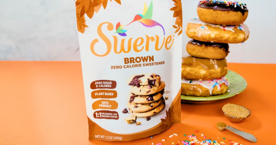 swerve brown sugar replacement bag on table with donuts behind it 