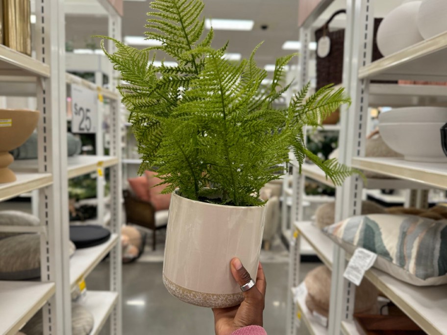hand holding artificial plant in white pot 