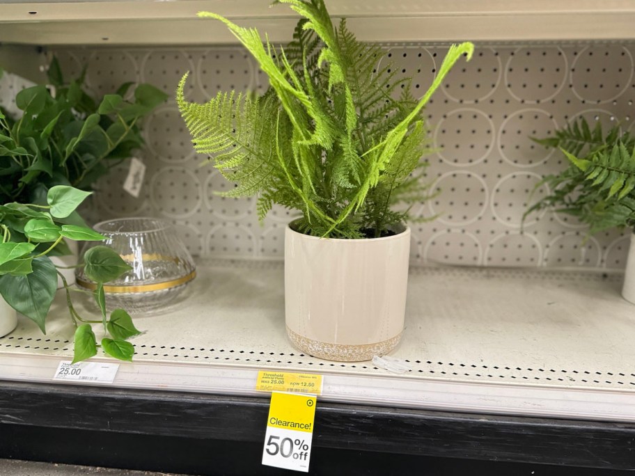 artifical plant in white pot on shelf 