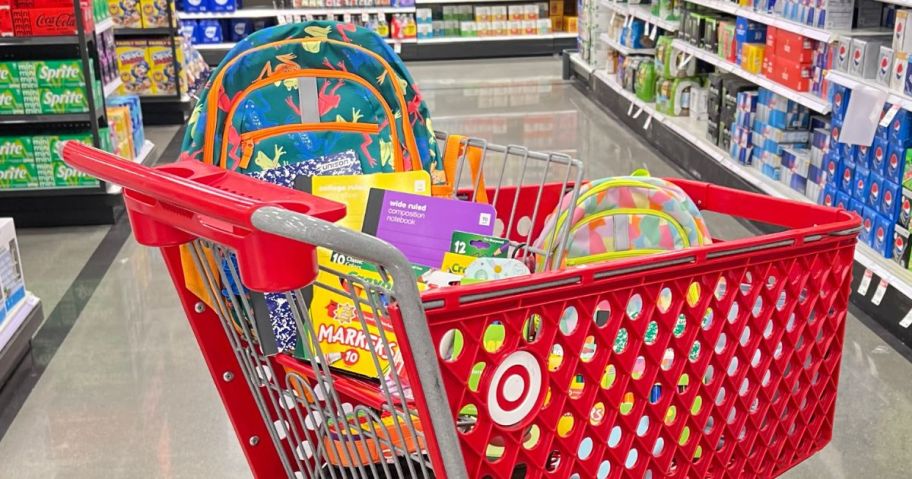 target cart filled with school supplies in store