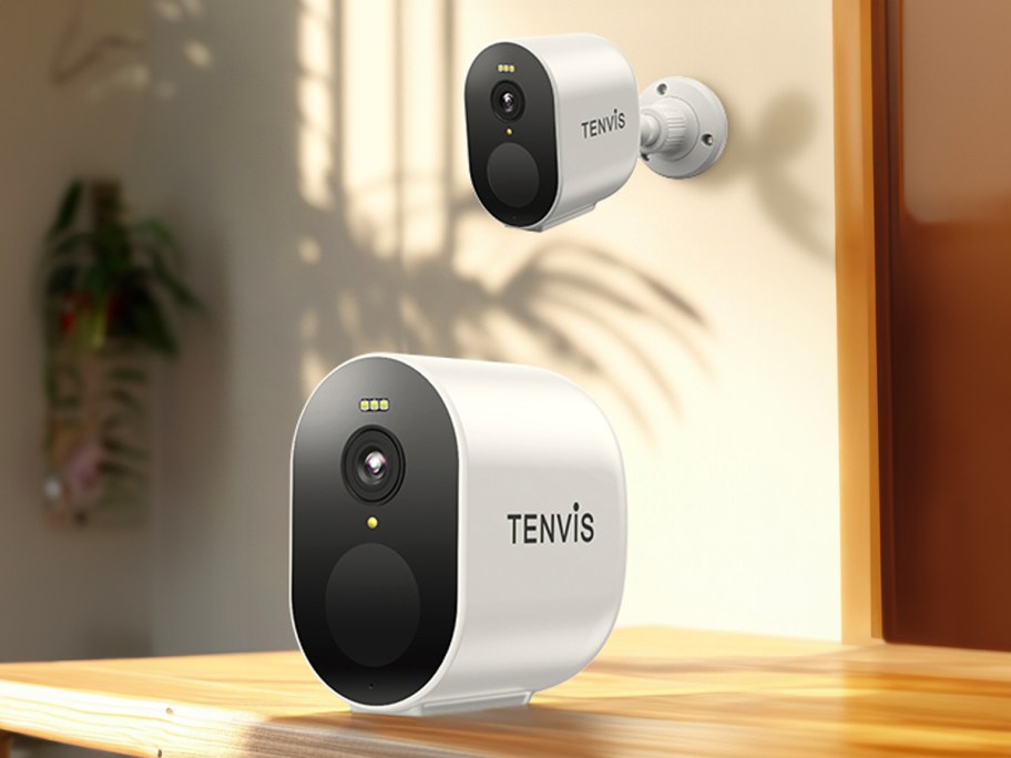 two white tenvis security cameras one hanging on wall and one on table