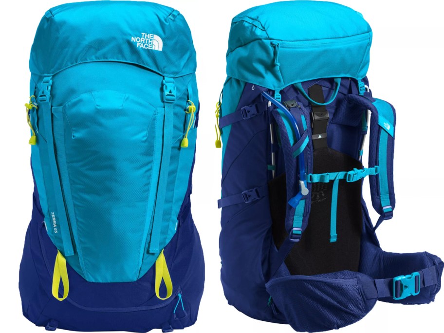 front and back image of blue the north face backpack