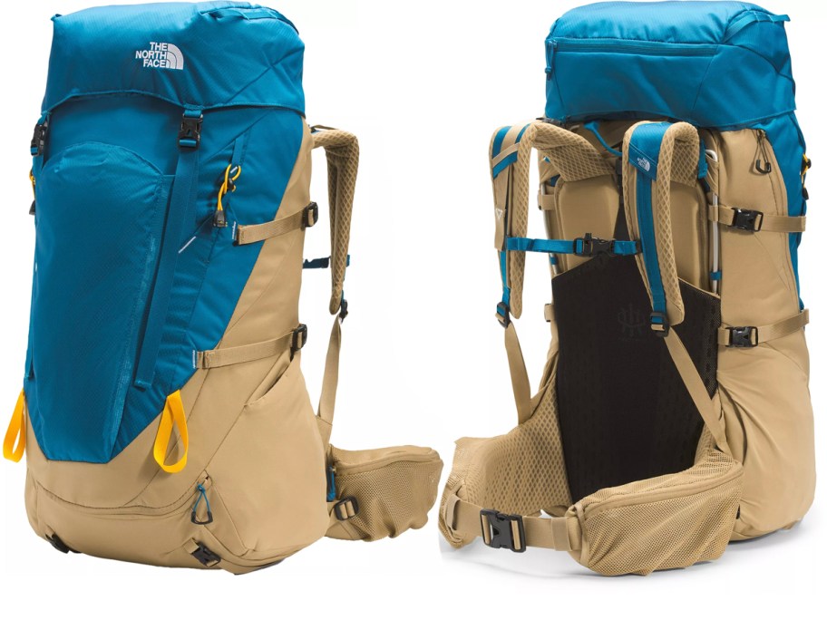 beige and blue the north face backpack