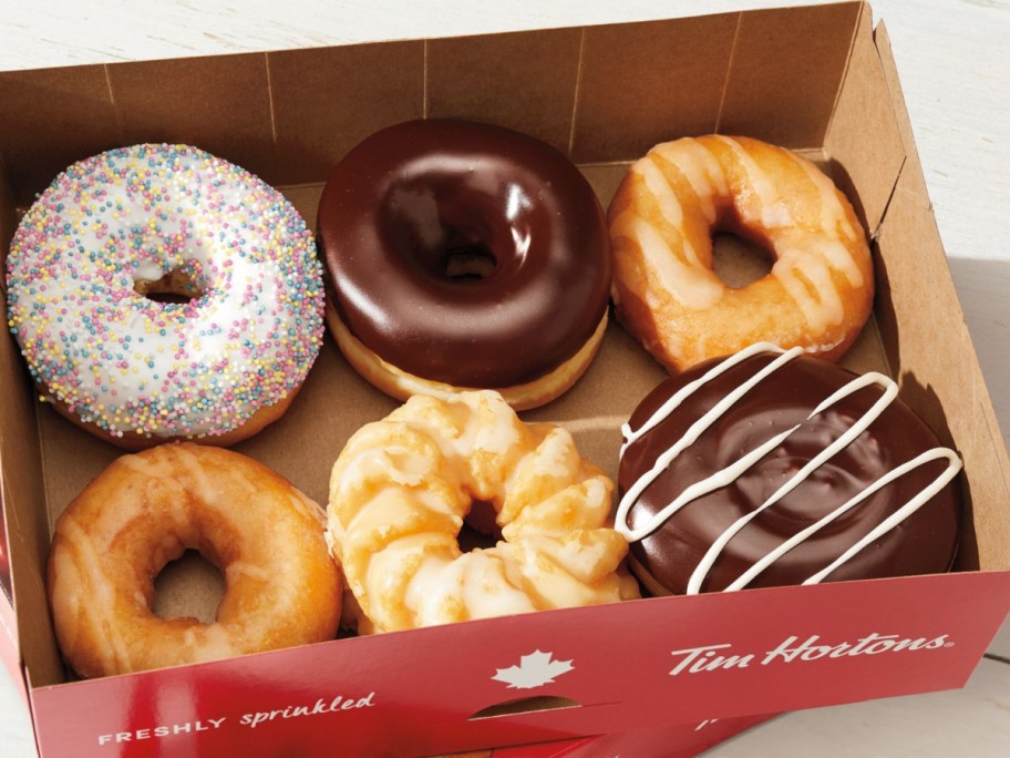 box containing 6 doughnuts from Tim Hortons