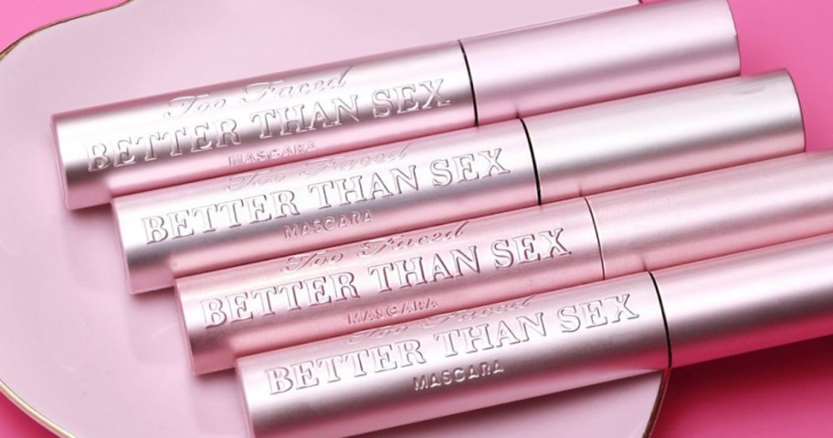 4 too faced better than sex mascaras laying on table 