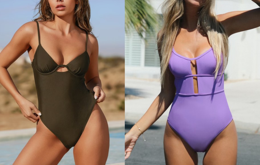 two cupshe models wearing green and purple bathing suits