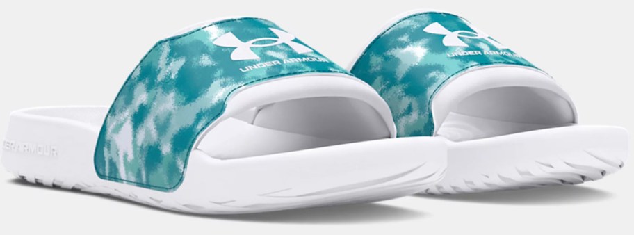 white and teal under armour slides 