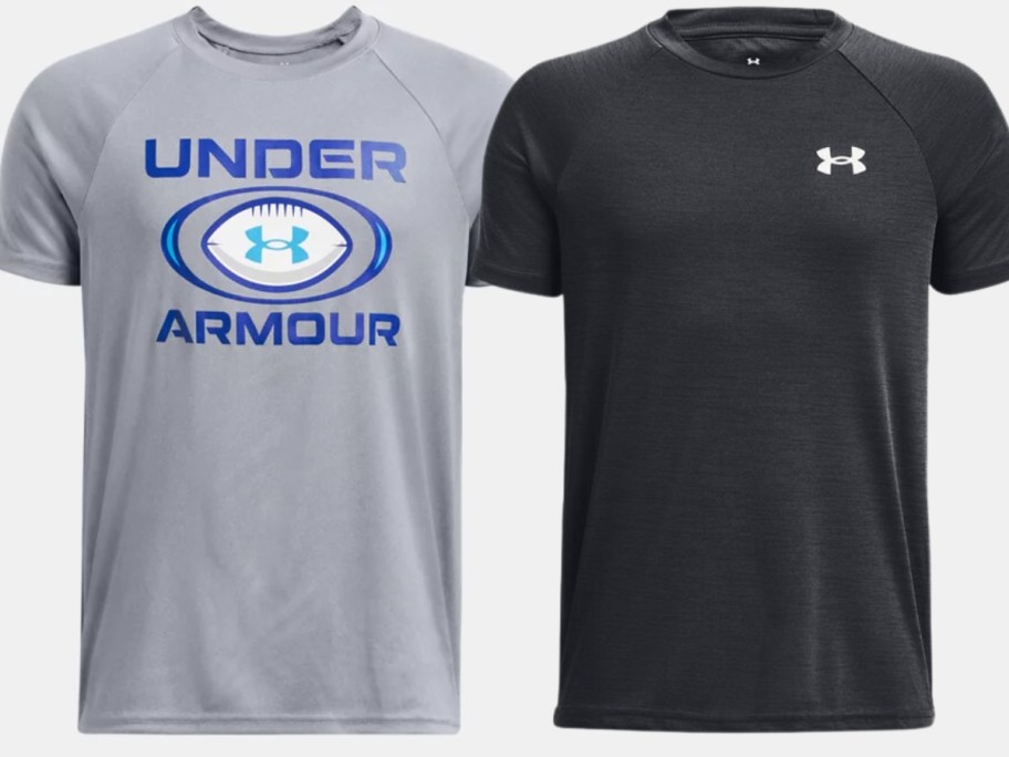 boy's Under Armour shirts one in grey and a football with the UA logo and another in black with the UA logo