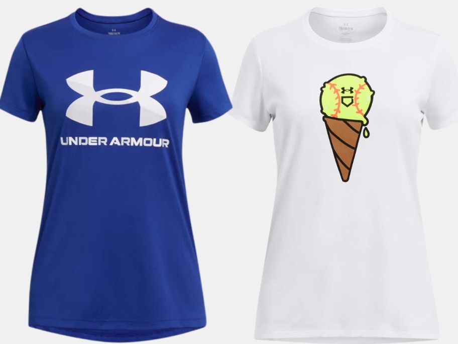 girl's Under Armour shirts - one in blue with the UA logo and one in white with an ice cream cone and yellow softball as the ice cream
