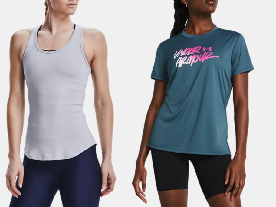 woman wearing an Under Amour grey tank top and woman wearing an Under Armour dark green and pink shirt