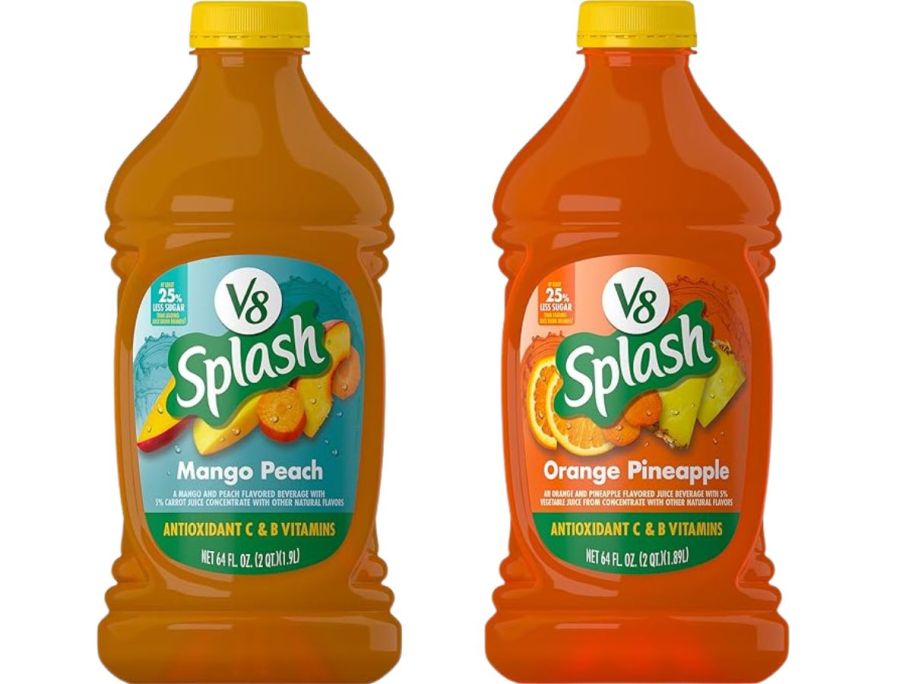 v8 splash mango peach and orange pineapple bottle stock images