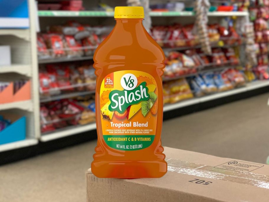 V8 Splash Tropical Blend Juice Beverage 64oz on box in store