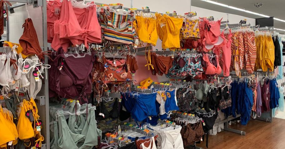 A Wall of Women's Swimwear at Walmart