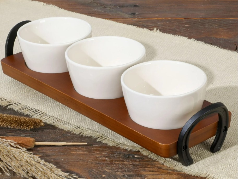 wood and metal condiment tray set with 3 white ceramic bowls