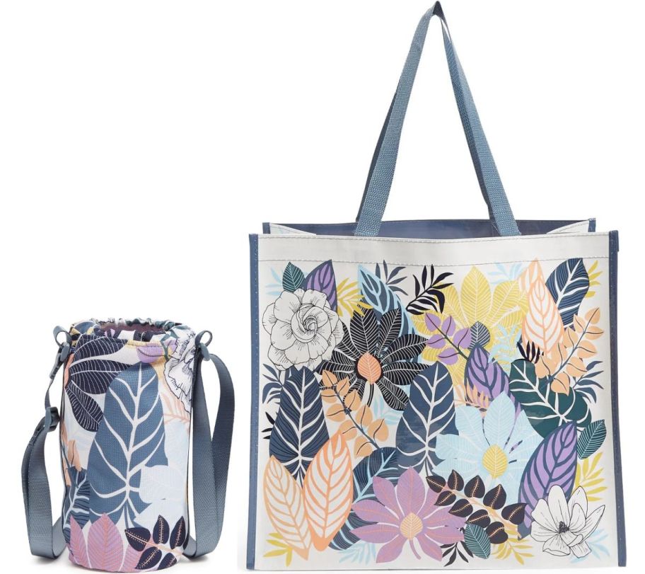 water bottle cross body and market tote in palm floral print