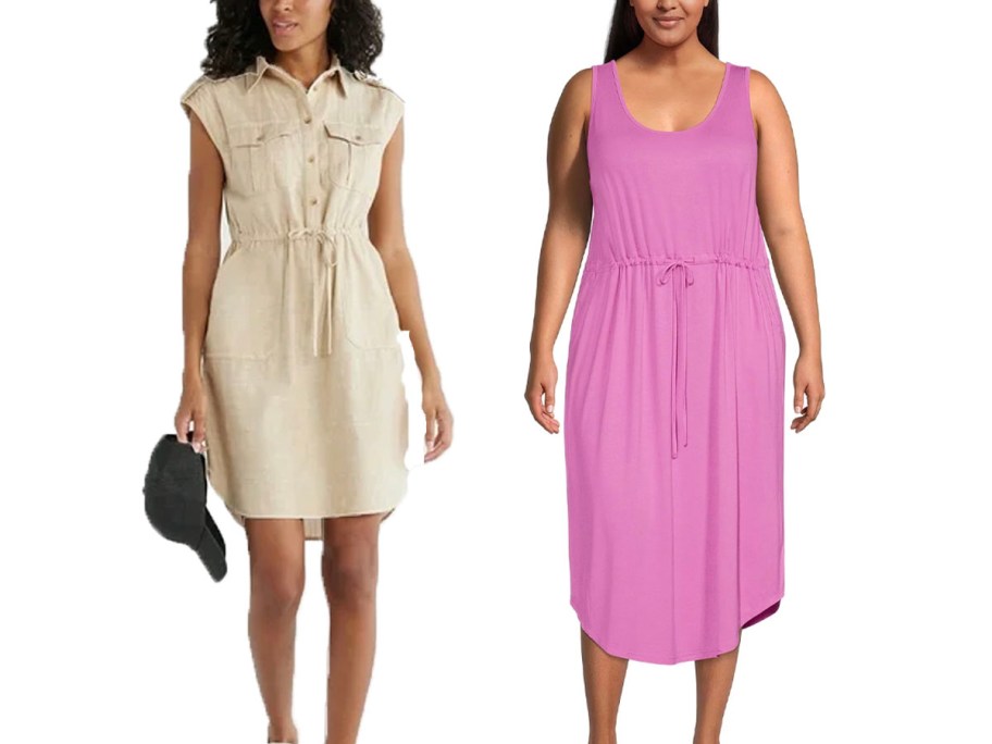 two women wearing beige and pink dresses