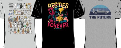 star wars, wolverine and deadpool, and back to the future car shirts
