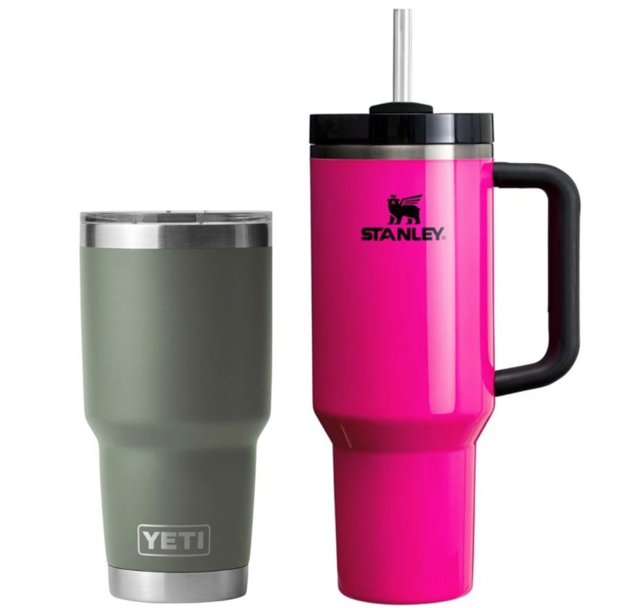 a green yeti rambler and a hot pink stanley quencher