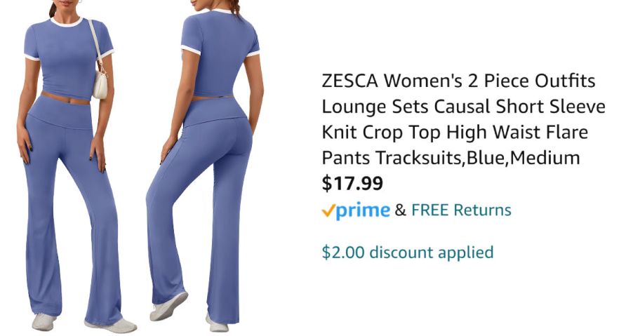 front and back view of blue outfit next to Amazon pricing information