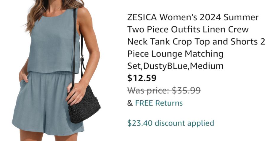 woman wearing blue linen 2-piece outfit next to pricing informaiton