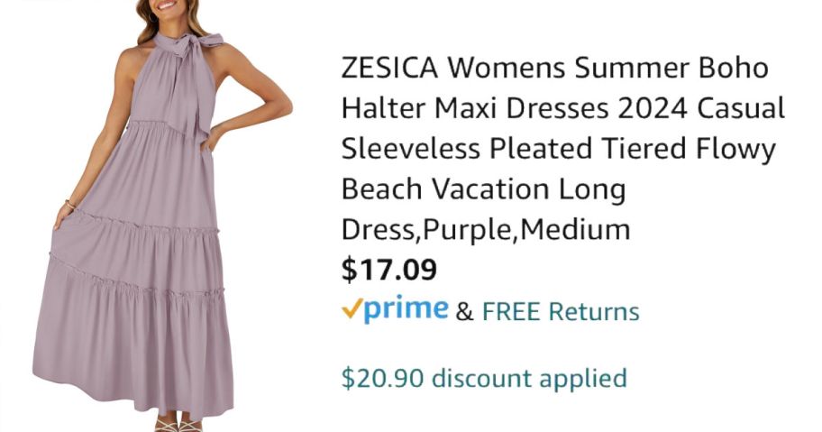 woman wearing purple dress next to Amazon pricing information