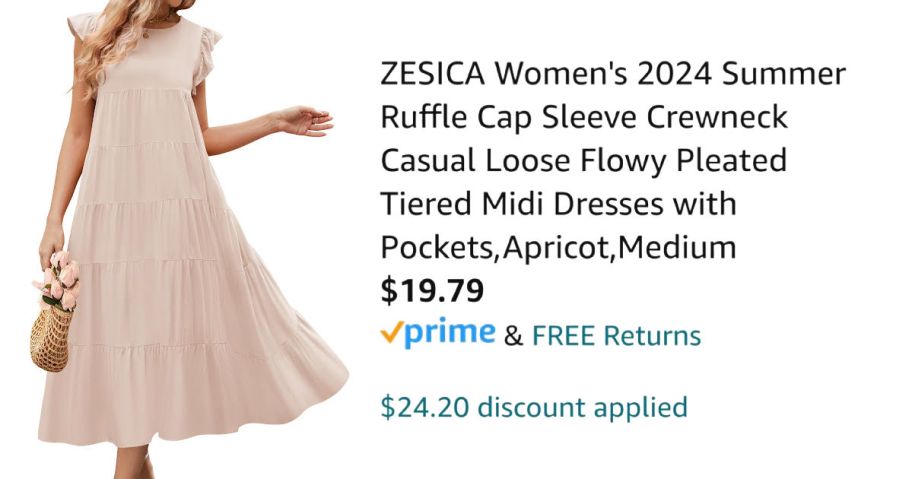 woman wearing beige dress next to Amazon pricing information