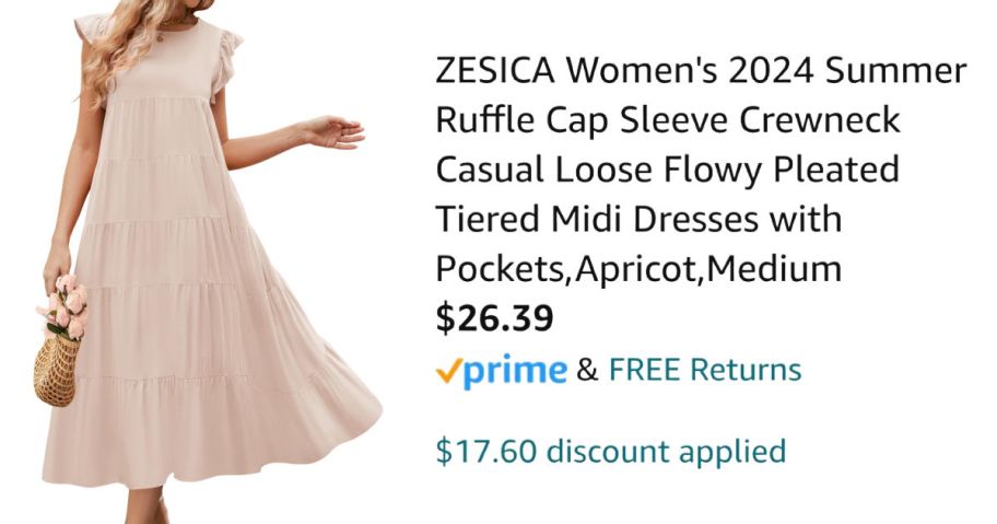 woman wearing beige midi dress next to Amazon pricing information
