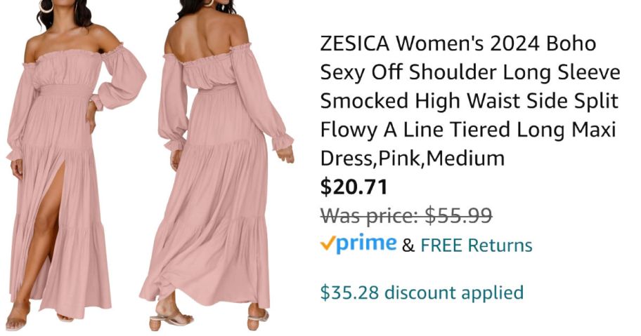 front and back view of dress next to Amazon pricing information
