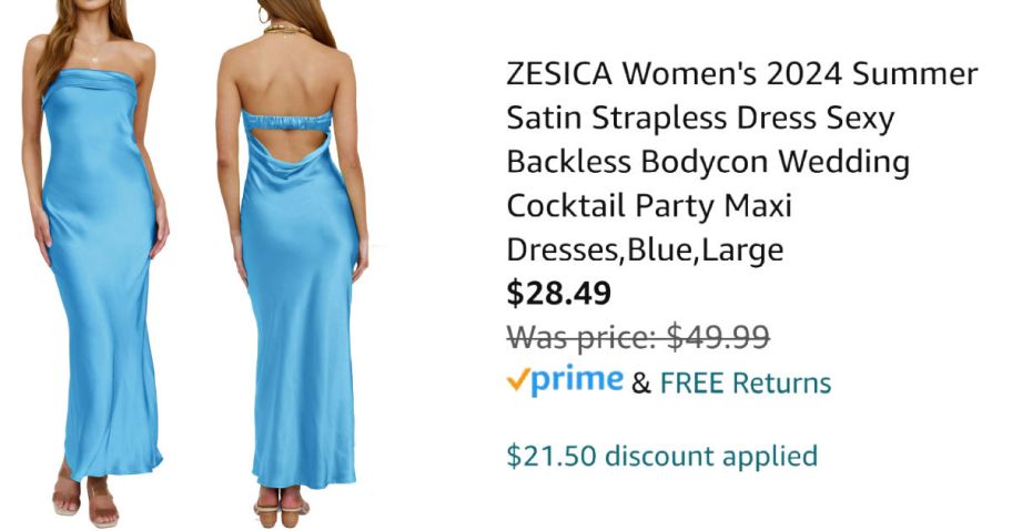 front and back view of blue dress next to pricing information