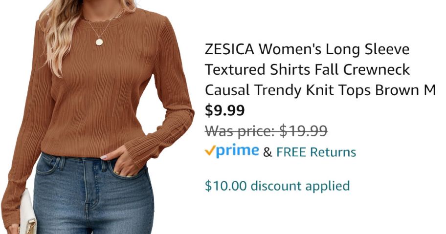 woman wearing textured brown shirt next to Amazon pricing information
