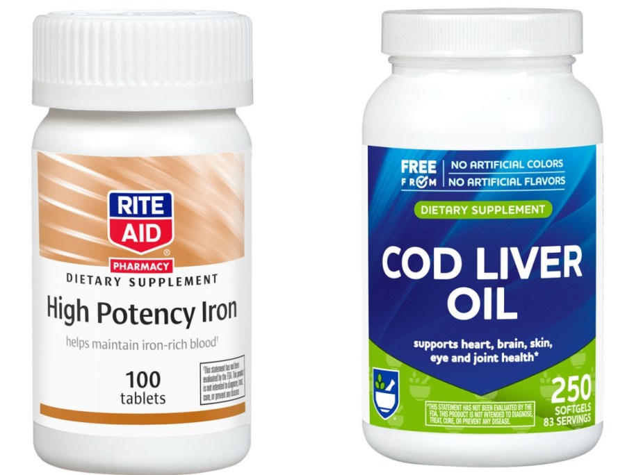 bottles of Rite Aid Vitamins - High Potency Iron and Cod Liver Oil