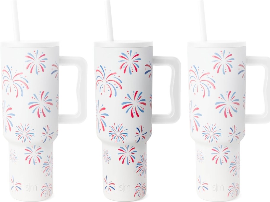 Simple Modern large tumbler with handle in white with red and blue fireworks