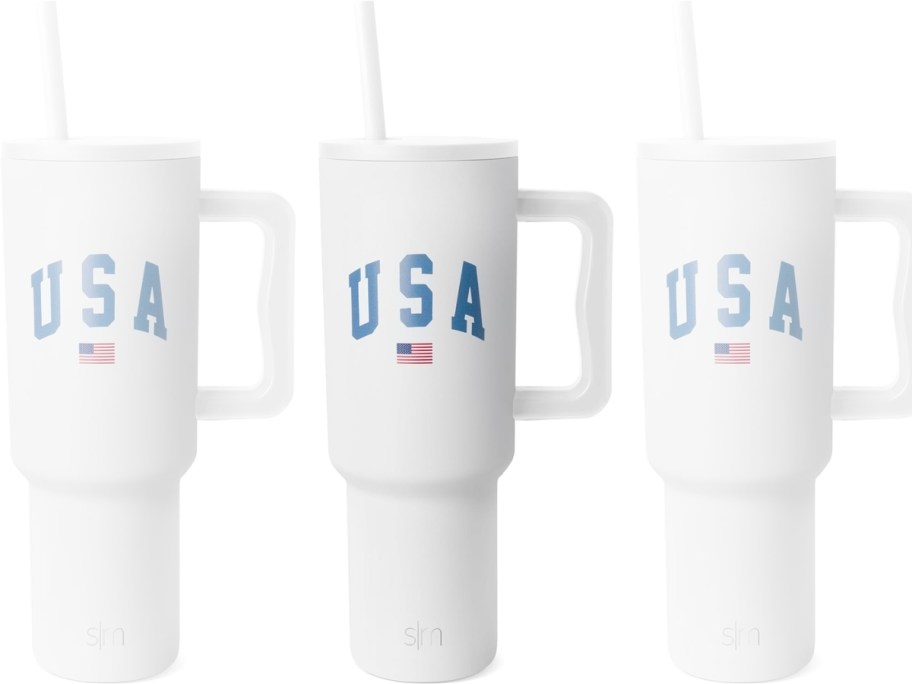 Simple Modern large tumbler in white with USA written in blue and a small American flag