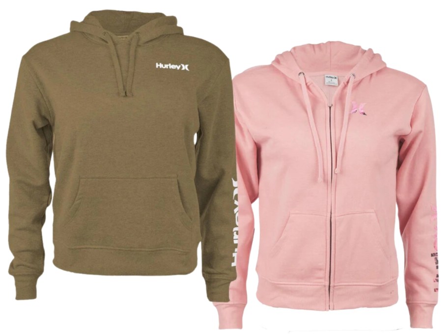 olive green women's Hurley hoodie and pink zip up hoodie